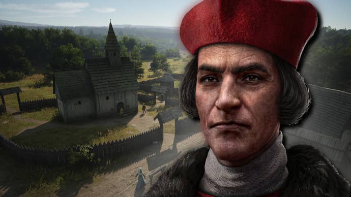 A close-up of a lord’s face in Manor Lords, superimposed over a backdrop of a town church.