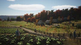Manor Lords screenshot of farm fields filled with growing vegetables, with people tending to the land.