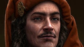 A close-up of a lord's face in Manor Lords.
