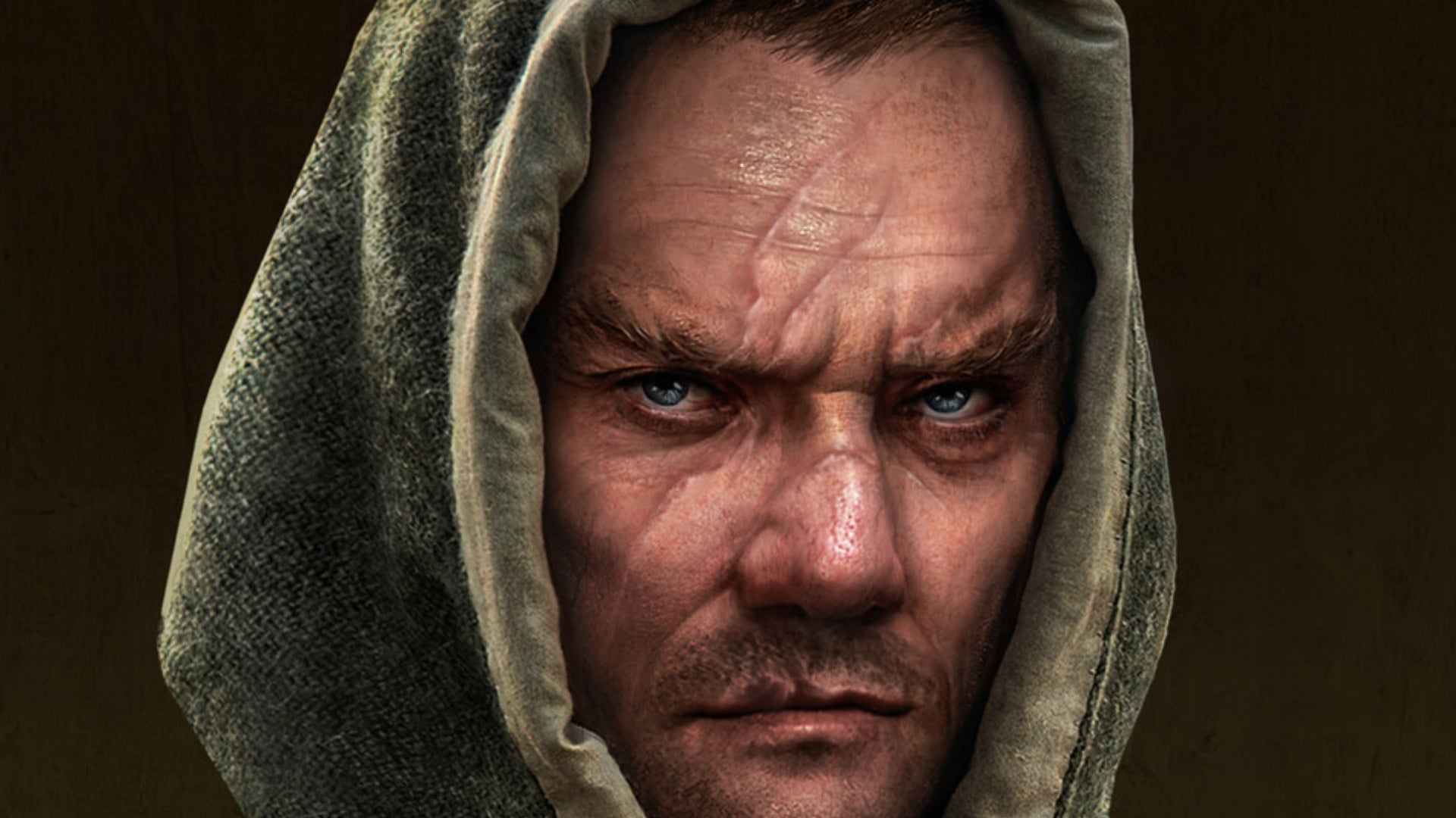 A close-up of a bandit&rsquo;s face in Manor Lords.