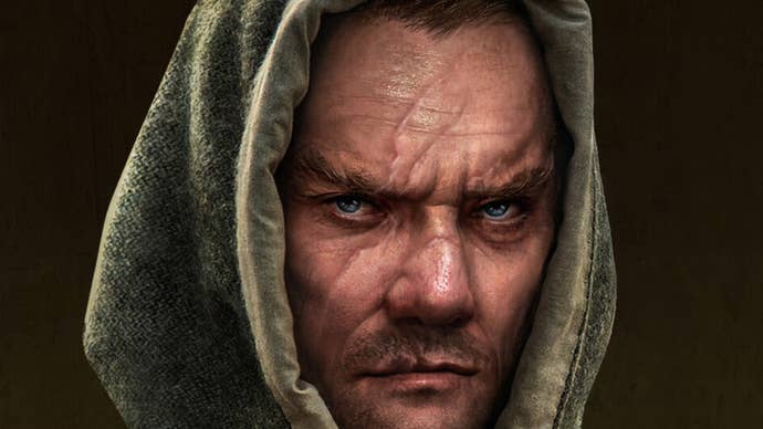 A close-up of a bandit’s face in Manor Lords.