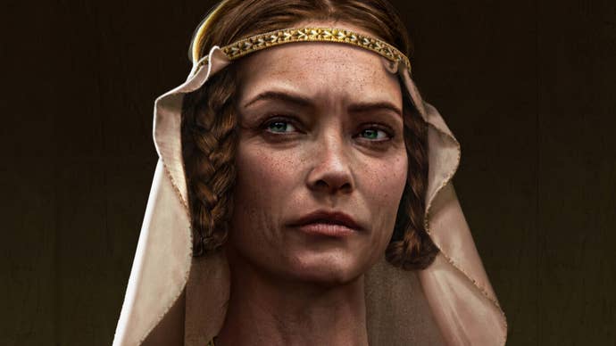 A close-up of a lady’s face in Manor Lords.