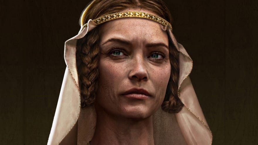 A close-up of a lady’s face in Manor Lords.