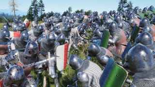 Manor Lords screenshot showing two armies battling up close in full armour with swords and shields
