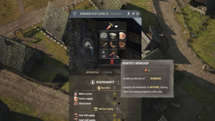 A Level 2 Burgage Plot’s list of possible Backyard Extensions in Manor Lords, with the Bowyer’s Workshop selected.