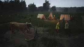 A starting group of families (and an ox) sits by their tents in the rain in Manor Lords.