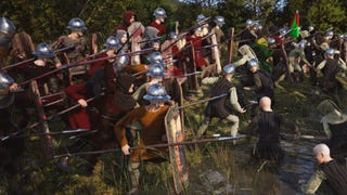 Two Manor Lords armies fighting against each other in a creek.