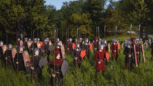 A row of equipped troops in Manor Lords.