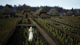 A peasant woman works in the fields in Manor Lords