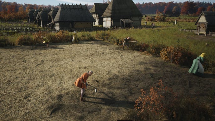 A group of peasants till the land in Manor Lords.