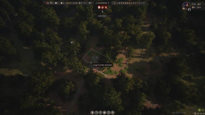 A Forager Hut being constructed in Manor Lords in the middle of a forest.