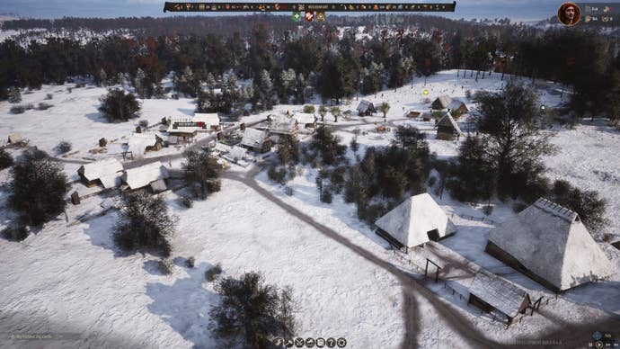 A snow-covered village in Manor Lords.