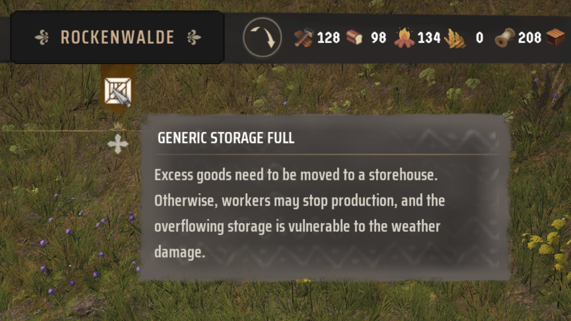 A close-up of a Generic Storage Full alert tooltip in Manor Lords. - 1