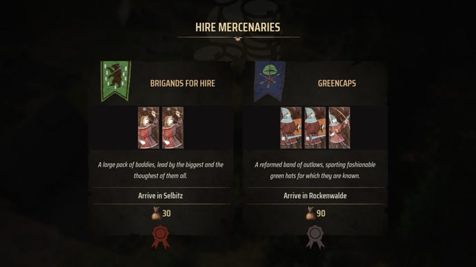 A close-up of the hire mercenaries screen in Manor Lords, showing the details of two mercenary groups side-by-side.