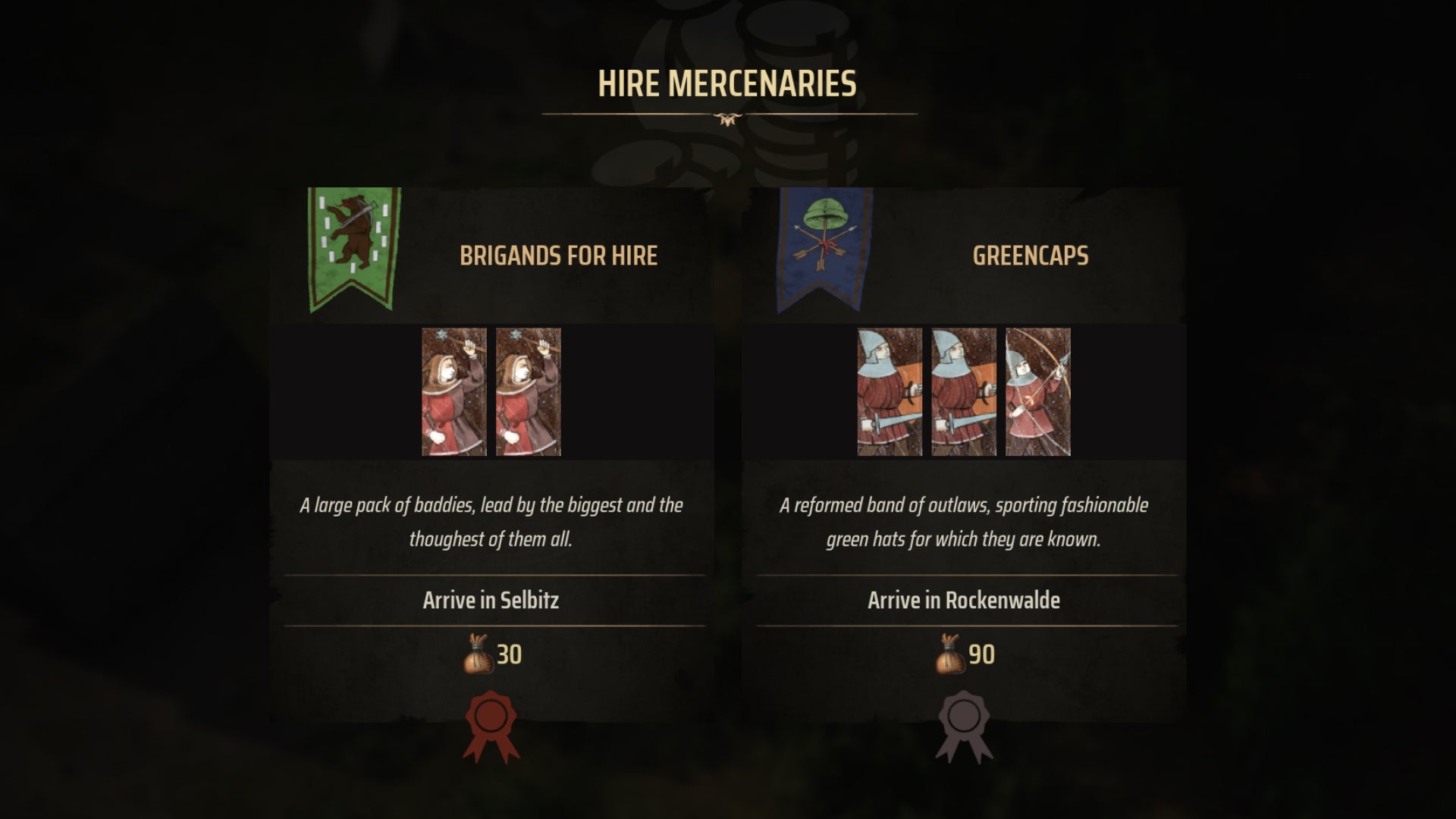 A close-up of the hire mercenaries screen in Manor Lords, showing the details of two mercenary groups side-by-side. - 5