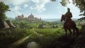 The key art for Manor Lords, showing a knight atop a horse observing a castle town.