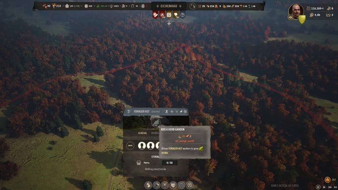 An overhead view of a forest, with the Forager Hut menu screen in Manor Lords