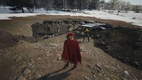 A man in a red cape and hat stands in front of a clay mining pit in Manor Lords