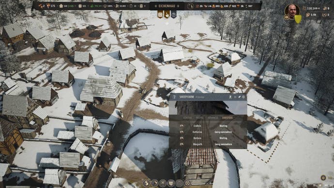 An overhead view of a snow-covered sheep farm in Manor Lords.