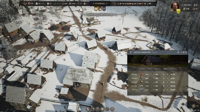 An aerial view of a snowy village in Manor Lords, with the cattle trading post menu on screen.