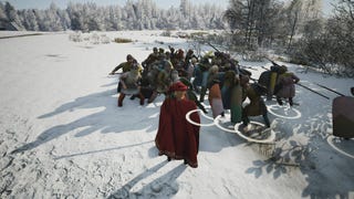 A man in a red cape and hat observes a battle taking place in the snow in Manor Lords