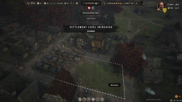 An overhead view of a settlement with the menu prompt stating that “Settlement Level Increased” in Manor Lords