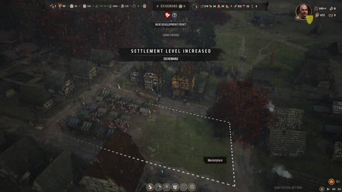 An overhead view of a settlement with the menu prompt stating that "Settlement Level Increased" in Manor Lords