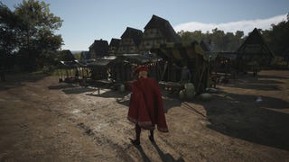 A man in a red robe stands in front of a market stall and upgraded Burgage Plots in Manor Lords