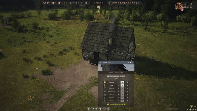 A manor building in Manor Lords, highlighted to show the Monthly Taxation Options, including tithes and land tax.