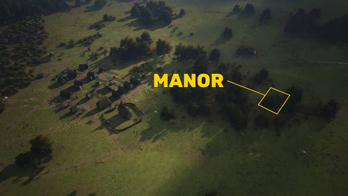 An overview of a Manor Lords settlement with the Manor marked in yellow.