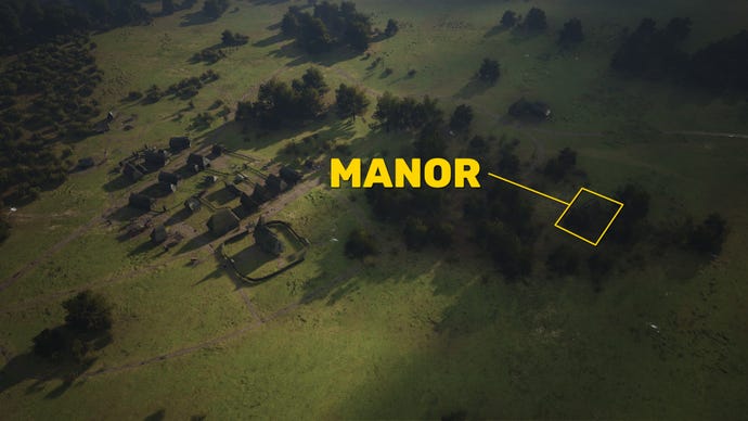 An overview of a Manor Lords settlement with the Manor marked in yellow.
