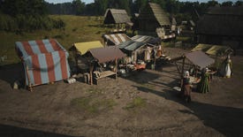 A selection of marketplace stalls set up on the outskirts of a settlement in Manor Lords.
