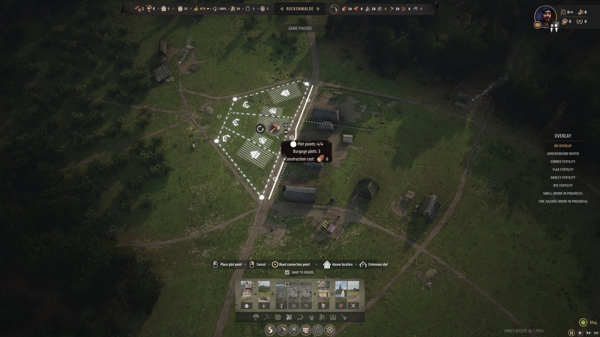 The player places down a section of Burgage Plots in Manor Lords. - 14