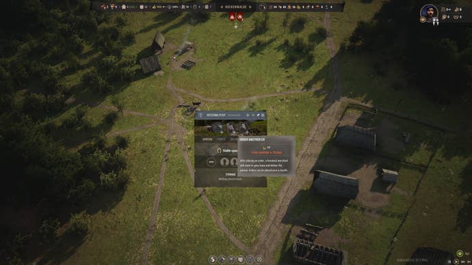 The player in Manor Lords hovers over the button to purchase another Ox in the Hitching Post building.