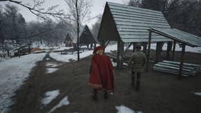A man in a red cape and hat stands in front of a snowy sawpit in Manor Lords