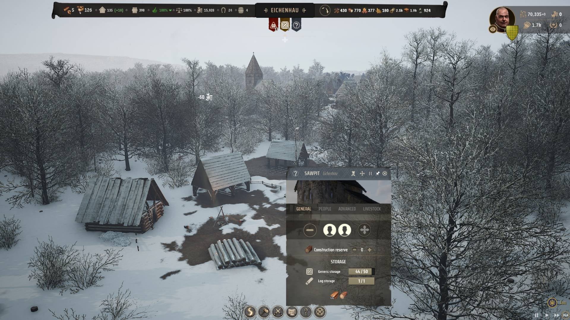 An overhead view of a sawpit covered in snow in Manor Lords