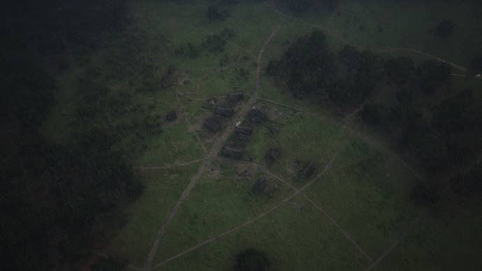 Heavy rain over a settlement in Manor Lords.