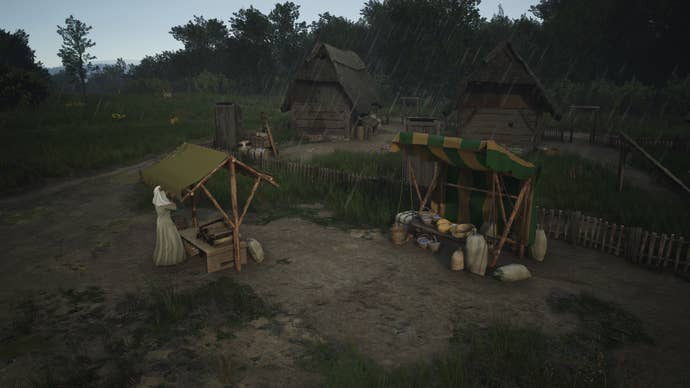Two market stalls in the rain in Manor Lords.