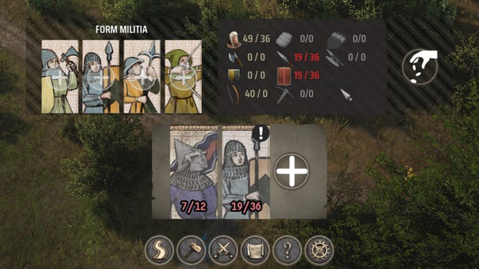 A close-up of the army panel at the bottom of the screen in Manor Lords, showing the current army and the amount of equipment needed for them.