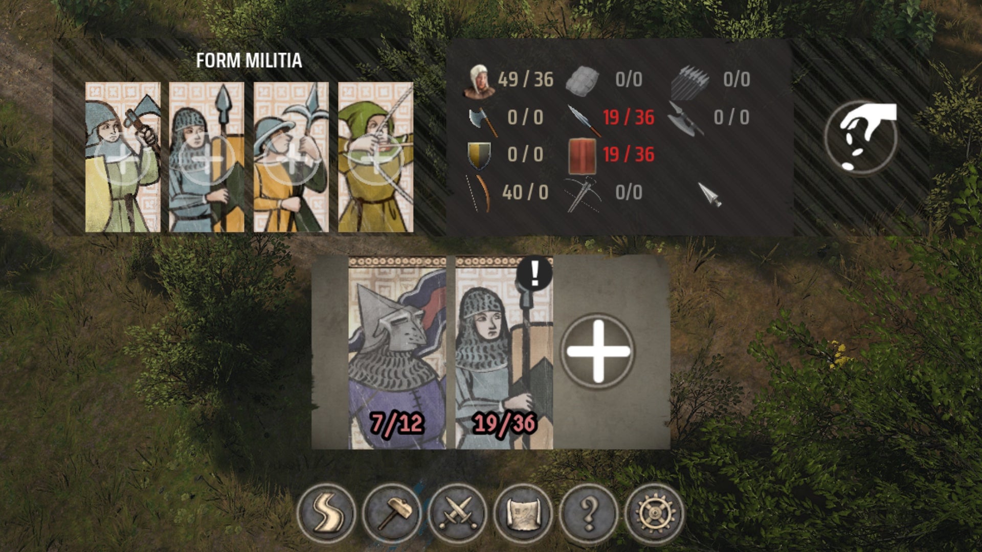 A close-up of the army panel at the bottom of the screen in Manor Lords, showing the current army and the amount of equipment needed for them. - 4