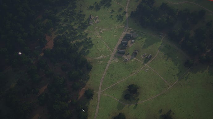 An aerial view of a system of roads put in place ahead of the building of an actual village in Manor Lords.