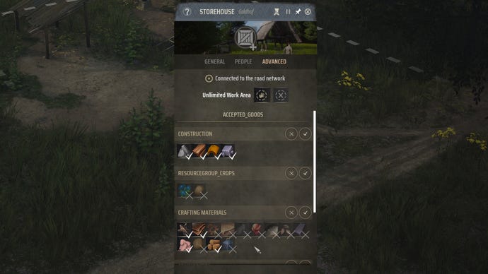 A close-up of the “Advanced” tab of a Storehouse in Manor Lords, where the player can filter different types of resources to store.