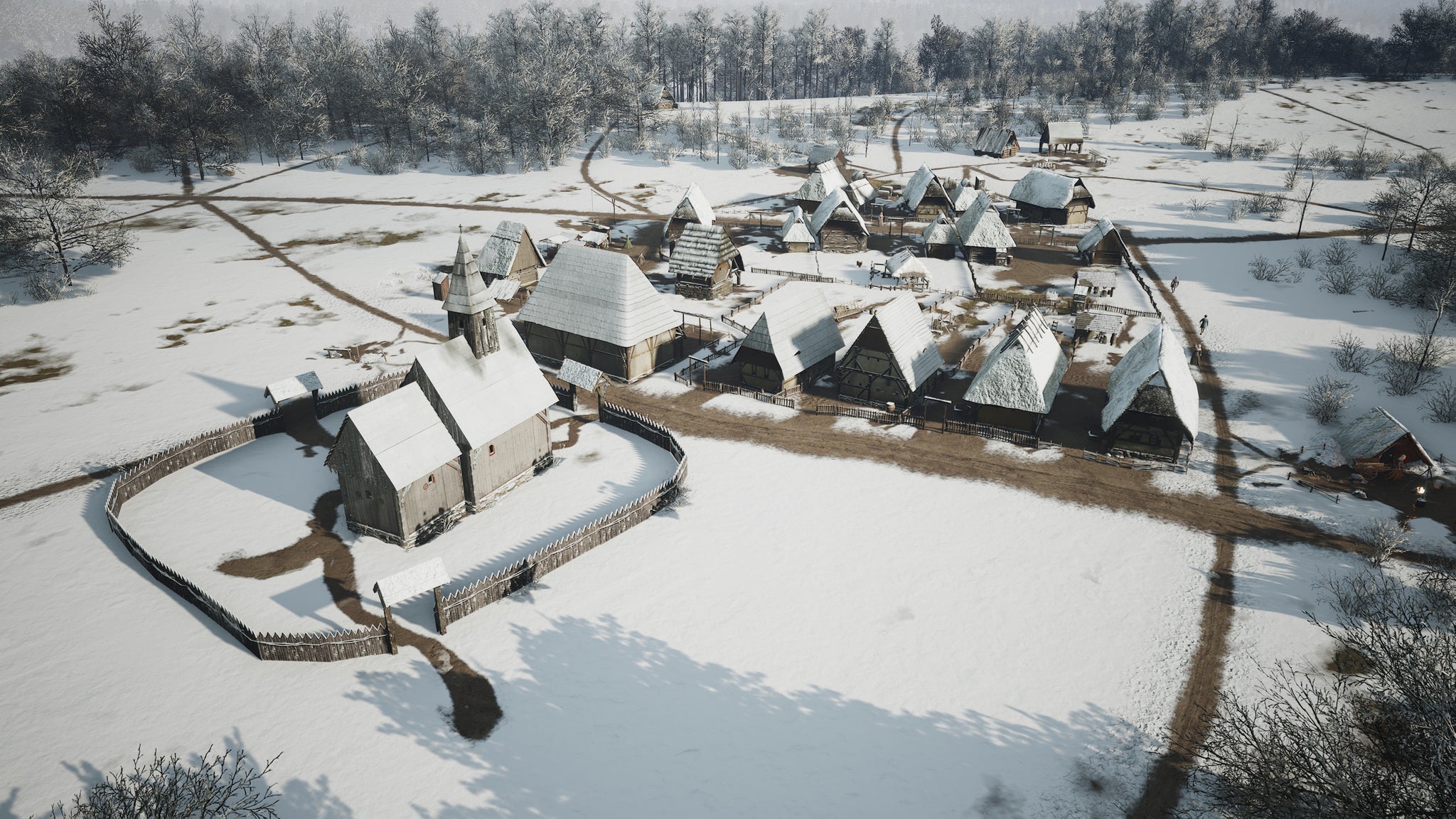 A village in Manor Lords blanketed by snow in winter. - 31