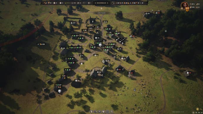 A settlement in Manor Lords, with the TAB overlay held down to display extra details about each building.