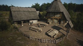 A close-up of a Tavern building at daytime in Manor Lords.