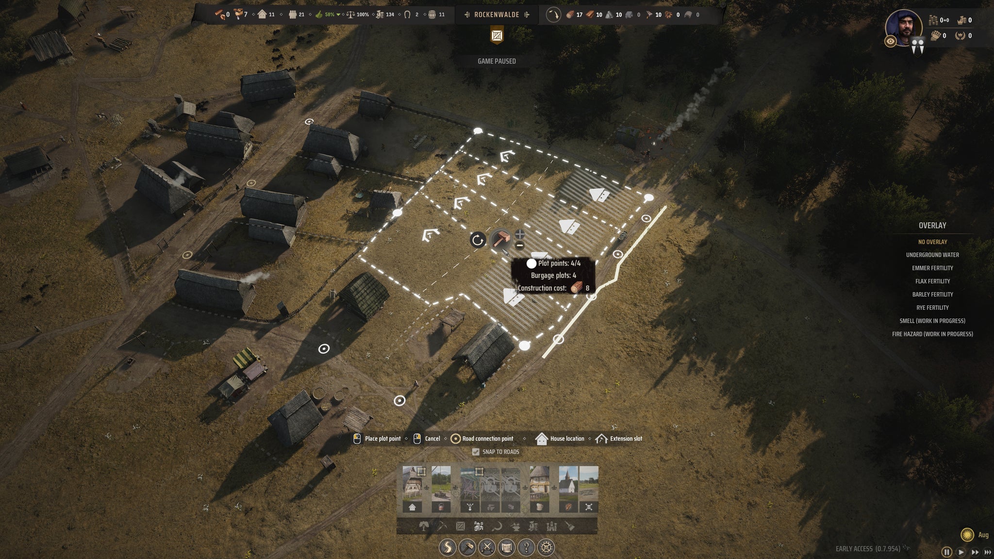 The player places down a section of Burgage Plots in Manor Lords. - 22