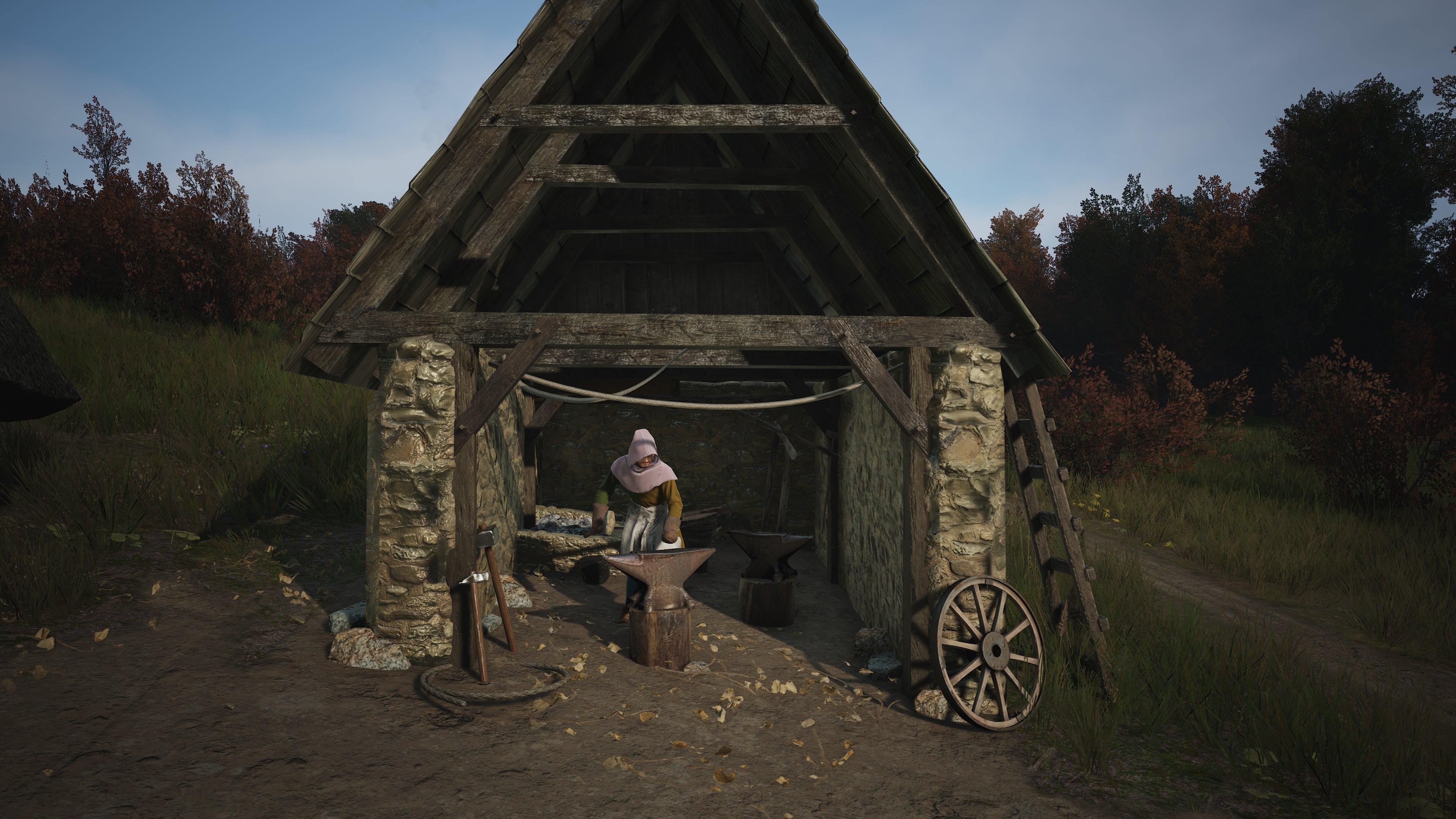 A blacksmith works at their anvil in a Manor Lords Smithy building.