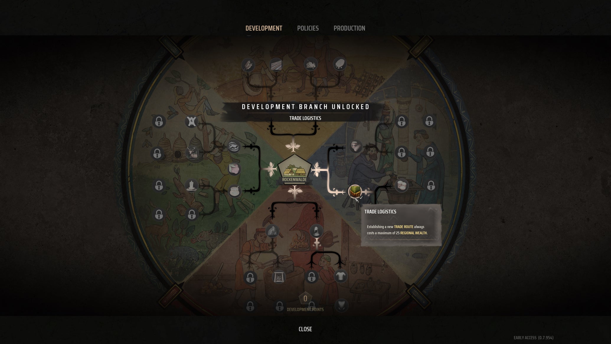 The Trade Logistics tech in the Development Upgrades screen of Manor Lords. - 1