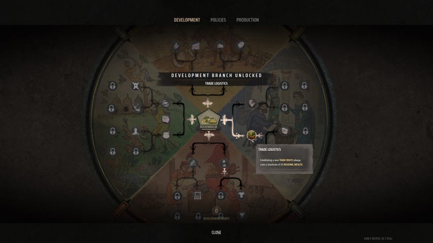 The Trade Logistics tech in the Development Upgrades screen of Manor Lords.