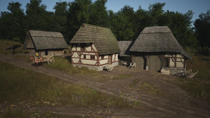 A Trading Post next to a road and a forest in Manor Lords.